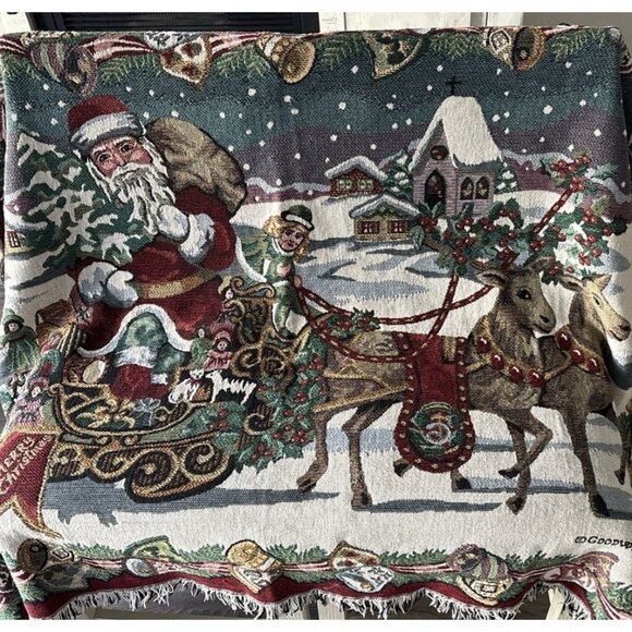 Christmas Eve Throw Santa, Sleigh, Reindeer, Afghan, Cozy Fringed Goodwin Weaver - Picture 1 of 12